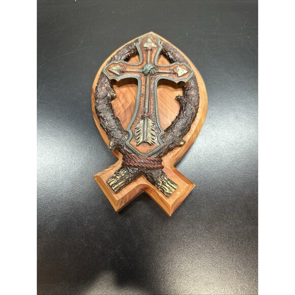 Wood-Resin Cross/ Fish Design  Religious Christian Decor - Picture 3 of 8
